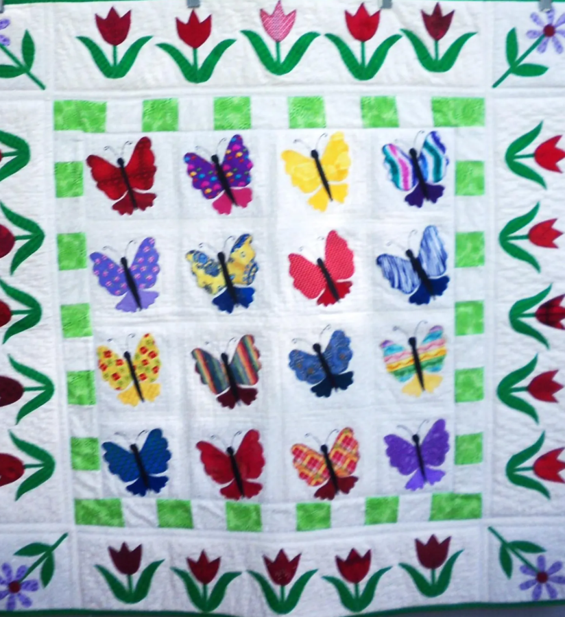 Butterfly Garden Quilt: 35x35 inches Appliqued & Pieced Throw