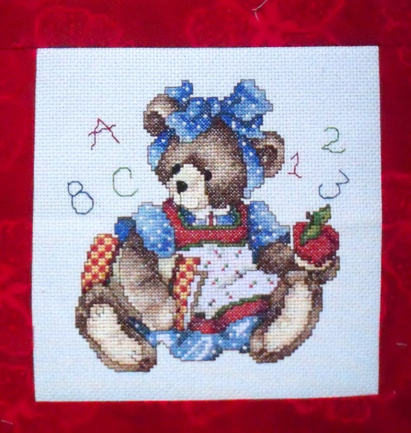 School Teddy Bear Wall Art: 10x10 inches--Cross-stitched Wall Decor