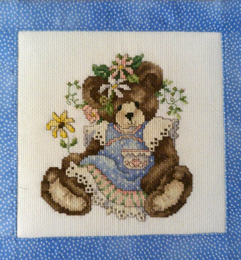 Spring Teddy Bear Wall Art: 10x10 inches--Cross-stitched Wall Decor