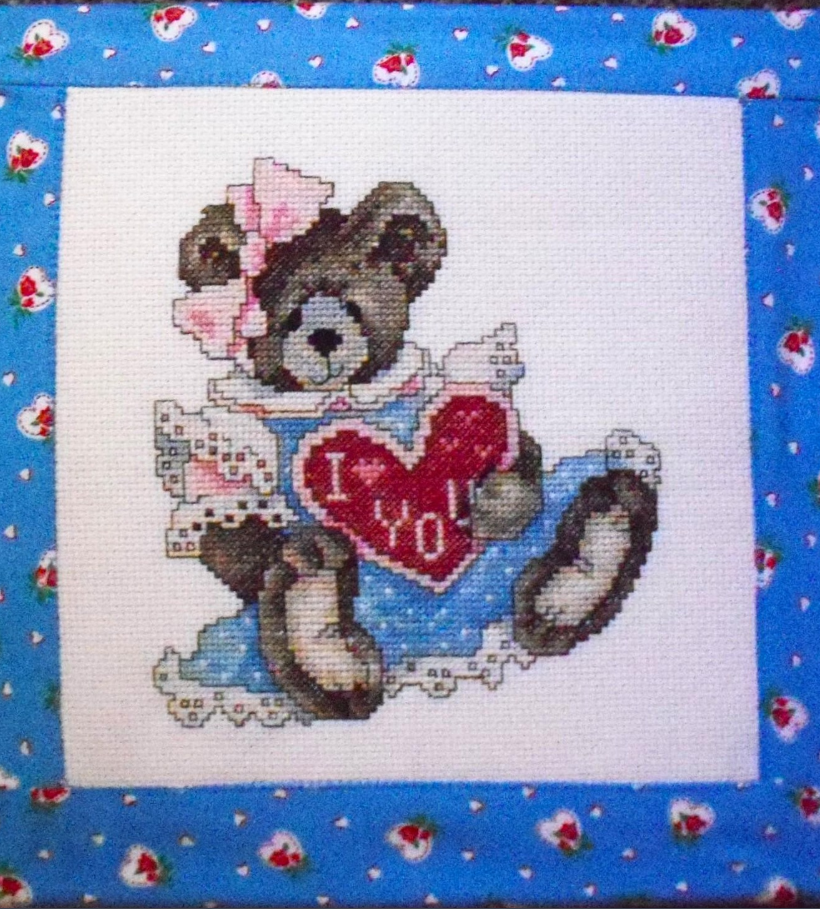 Girl Teddy with Heart Wall Art: 10x10 inches--Cross-stitched Wall Decor
