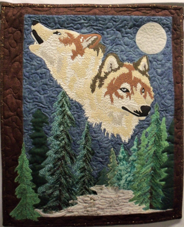 Two Wolves Thread Painted Wall Quilt: 16.25x19.5
