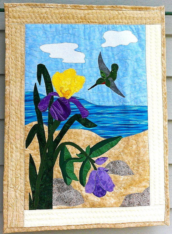 Hummingbird with Iris Wall Quilt: 18x25.75