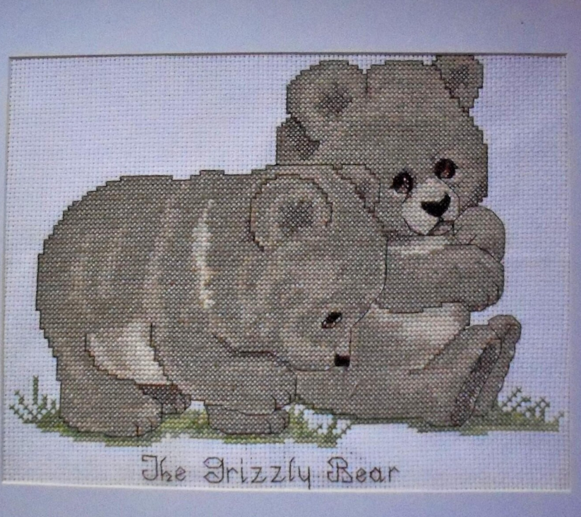Grizzly Bear Cubs Wall Art: 14x11 inches--Cross-stitched Wall Decor