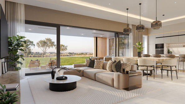 Modern neutral-toned living room by Arcvisa Studio in Johannesburg, South Africa, featuring large open glass sliding doors, recessed ceiling lighting, large sectional sofa with layered cushions, floor-to-ceiling curtains, contemporary wall art, floating shelves with plants, and a patterned area rug.