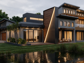 Photorealistic 3D rendering of a contemporary luxury home in South Africa, featuring modern architecture, clean geometric lines, warm timber cladding, large glass façades, and elegant exterior lighting at dusk. Architectural visualization by Arcvisa Studio showcasing high-end residential design.