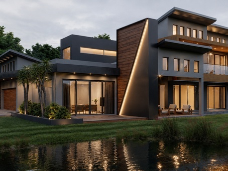 Photorealistic 3D rendering of a contemporary luxury home in South Africa, featuring modern architecture, clean geometric lines, warm timber cladding, large glass façades, and elegant exterior lighting at dusk. Architectural visualization by Arcvisa Studio showcasing high-end residential design.