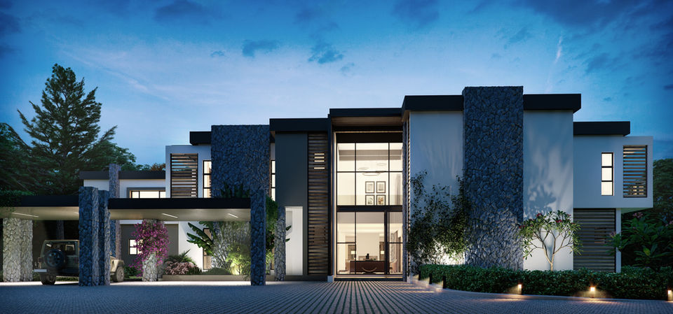 Modern contemporary home in Johannesburg, South Africa, featuring clean architectural lines, sculptural forms, natural textures, large windows, and seamless indoor-outdoor living.