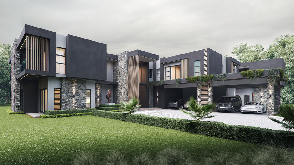 Modern two-storey luxury home in Nairobi, Kenya designed by Arcvisa Studio, featuring dark contemporary architecture, natural stone columns, vertical timber accents, large glass windows, covered outdoor entertainment patio, landscaped garden, and manicured hedges.