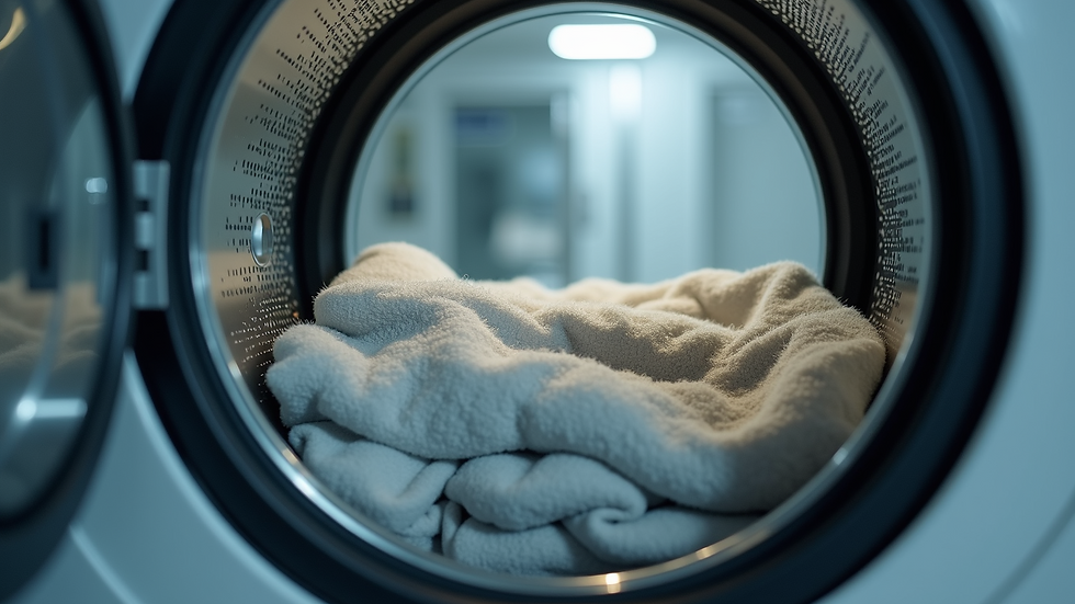 Close-up view of a professional dry cleaning machine with clothes inside