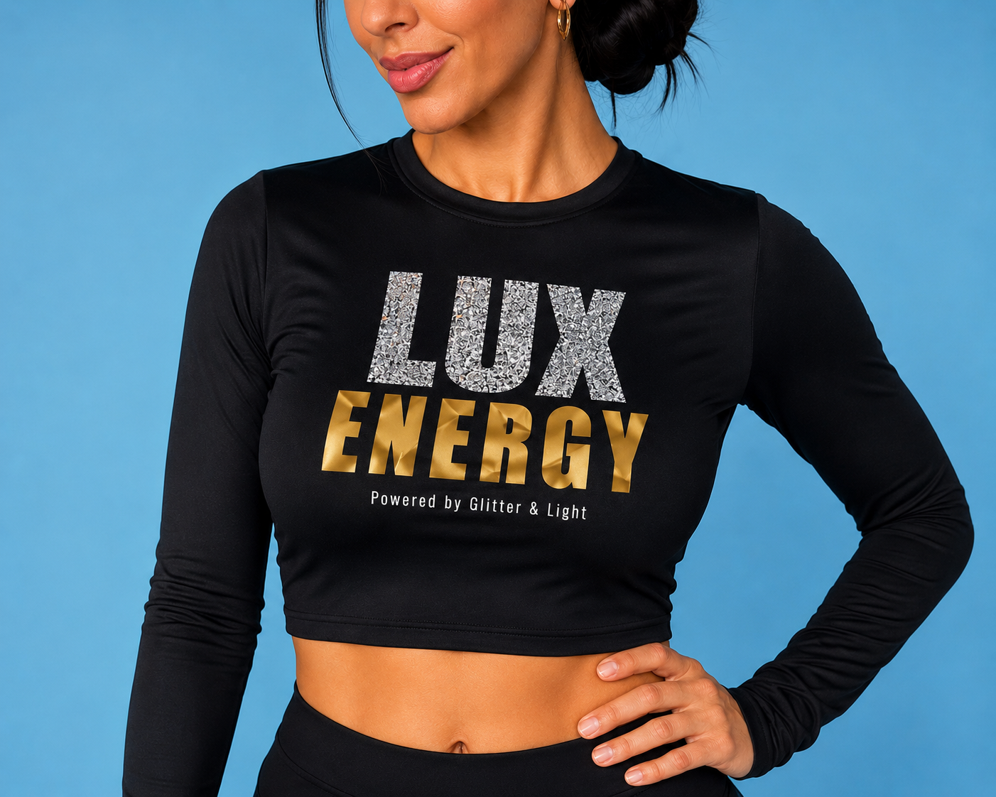 ✨ LUX Energy Long-Sleeve Crop | Gold w/ Rhinestones