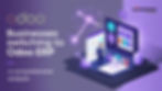 Illustration of a businessman analyzing Odoo ERP software on a digital interface. Text: "Businesses switching to Odoo ERP". Purple theme.