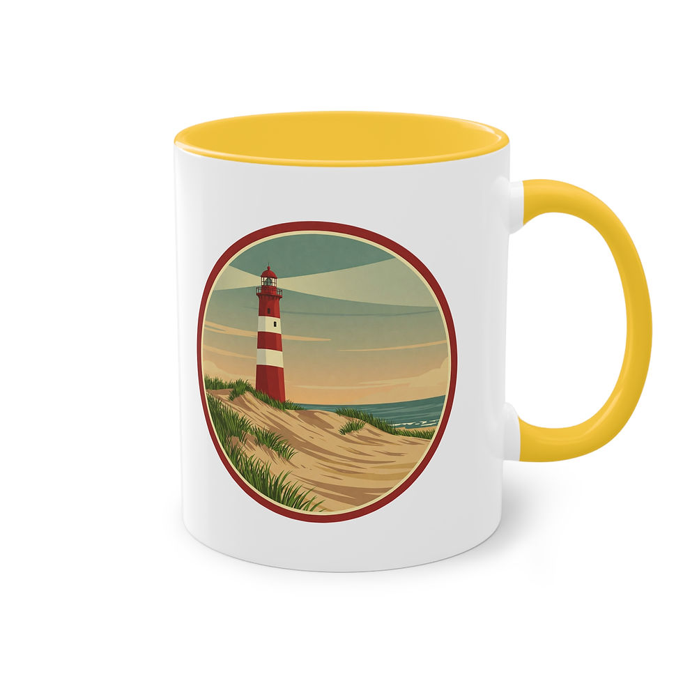 Miniaturbild: Mit einem rot-weißen Leuchtturm bedruckte Tasse