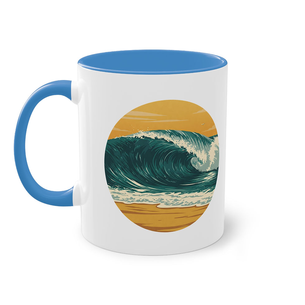 Miniaturbild: Mit einer sich an einem Strand umschlagenden Welle bedruckte Tasse