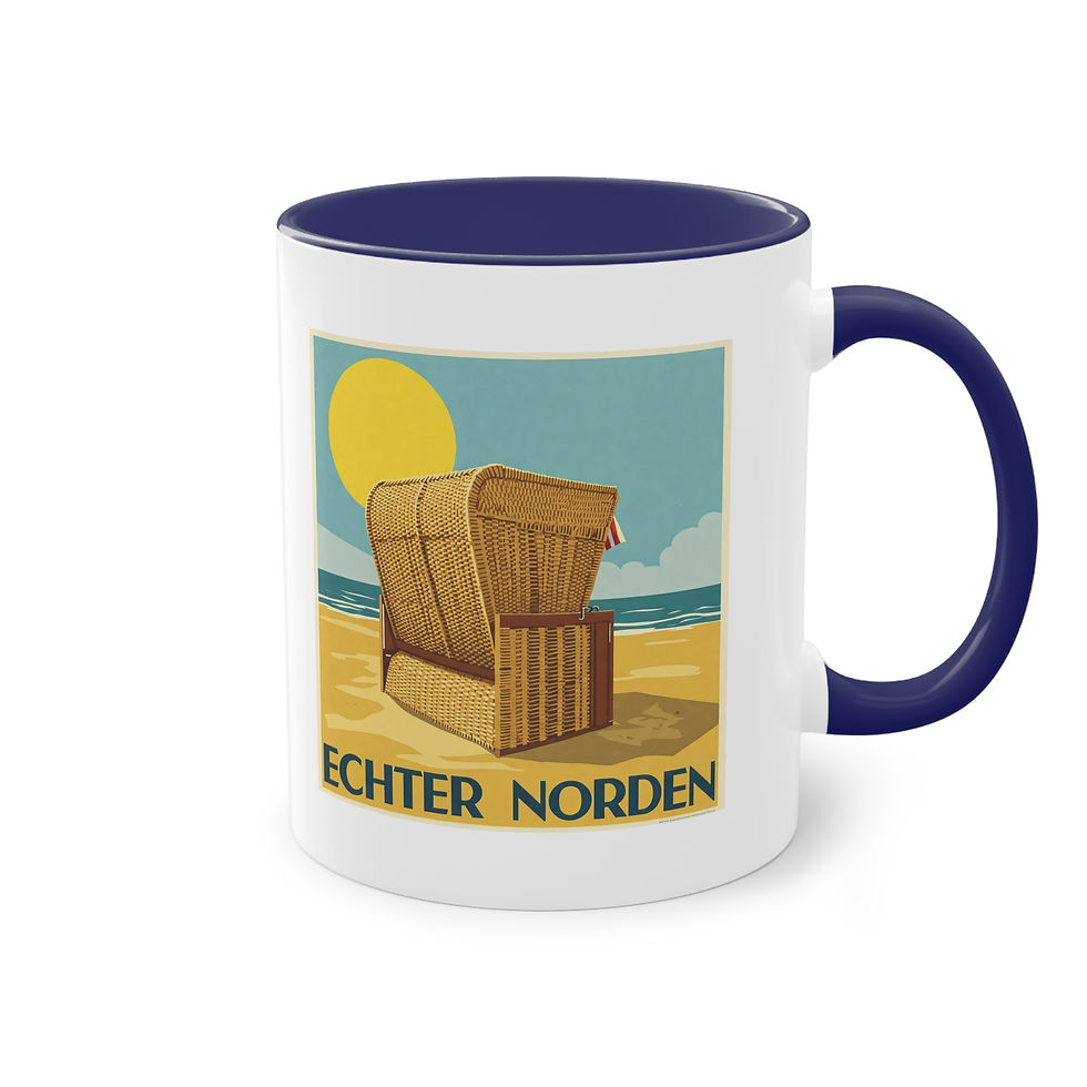 Miniaturbild: Eine mit einem Strandkorb an einem Strand und der Aufschrift "Echter Norden" bedruckte Tasse