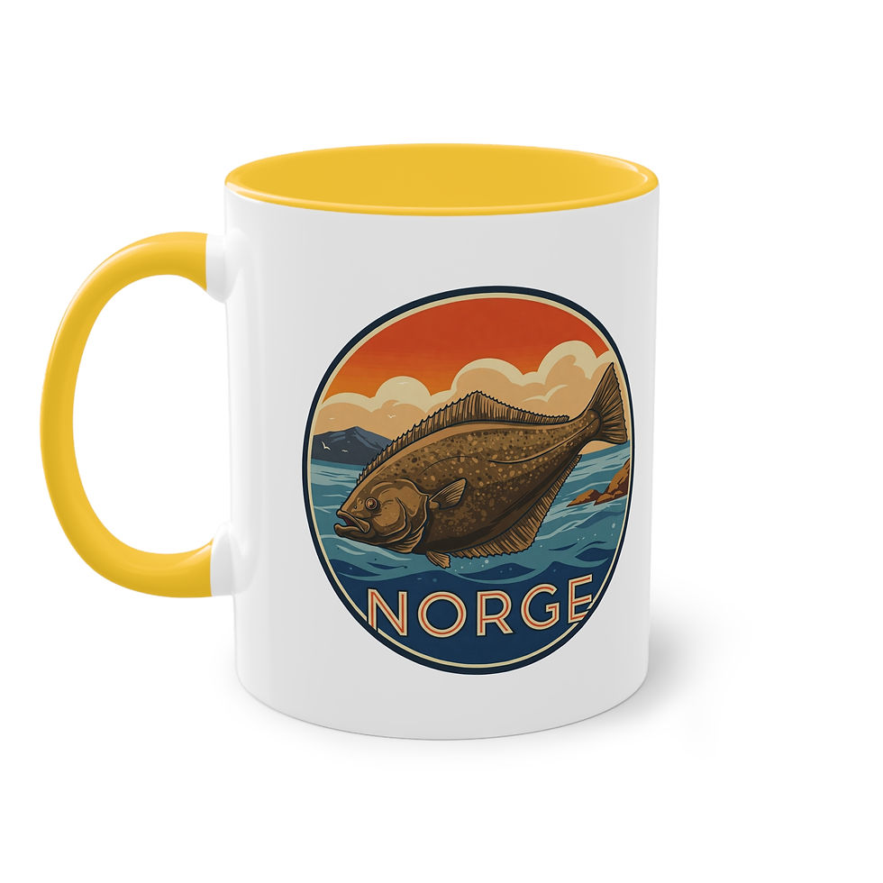 Miniaturbild: Mit einem Heilbutt und der Aufschrift Norge bedruckte Tasse.