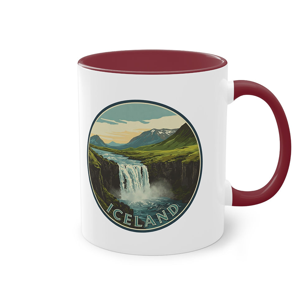 Miniaturbild: Tasse bedruckt mit einem isländischen Wasserfall und der Aufschrift "Iceland"