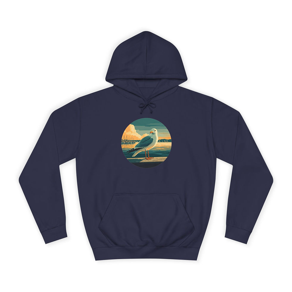 blauer Hoodie Möwe stehend