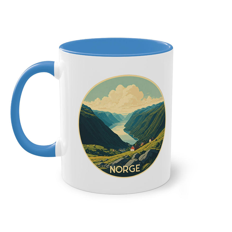 Miniaturbild: Mit norwegischer Fjordlandschaft und der Aufschrift "Norge"  bedruckte Tasse