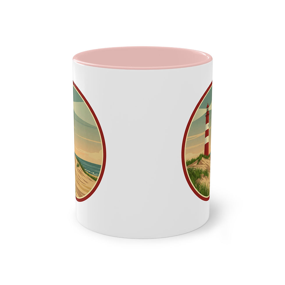Miniaturbild: Mit einem rot-weißen Leuchtturm bedruckte Tasse