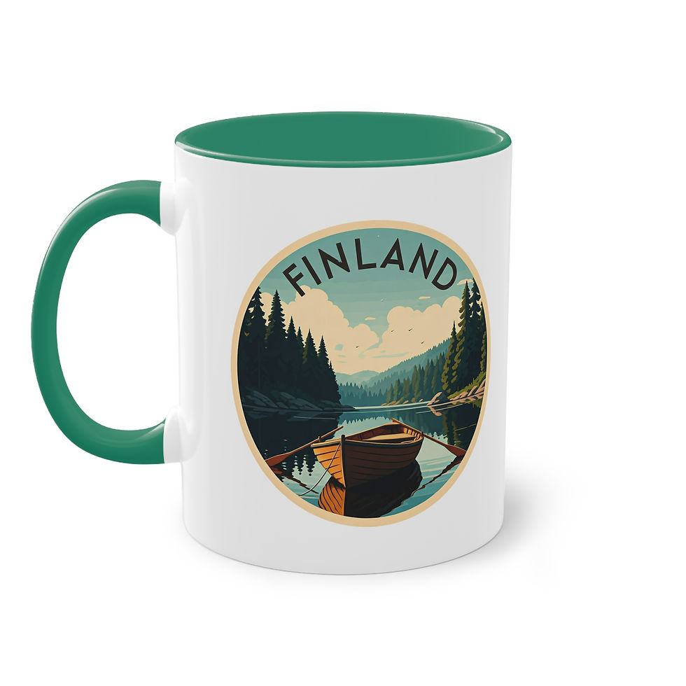 Mit einem Ruderboot auf einem See und der Aufschrift "Finland" bedruckte Tasse