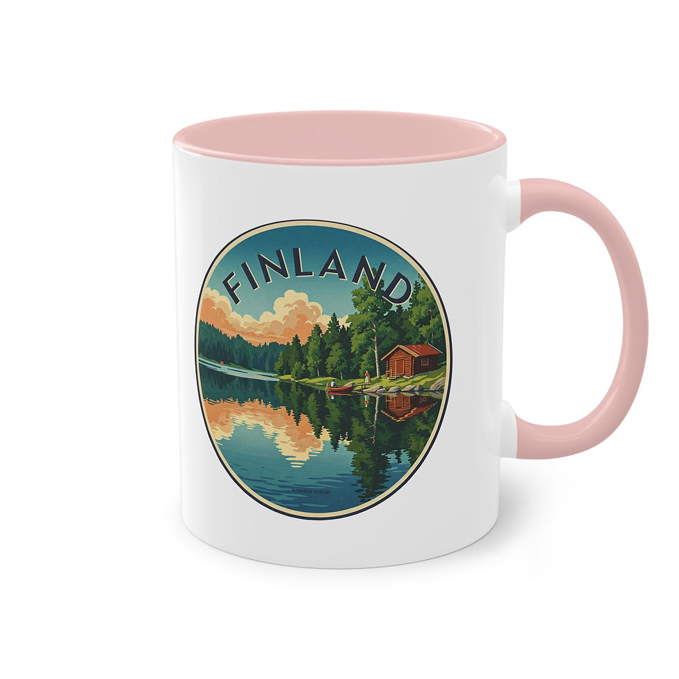 Miniaturbild: Mit einem finnischen See, einer Hütte und der Aufschrift "Finland" bedruckte Tasse