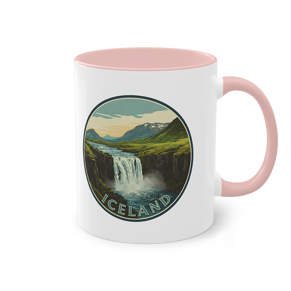 Miniaturbild: Tasse bedruckt mit einem isländischen Wasserfall und der Aufschrift "Iceland"