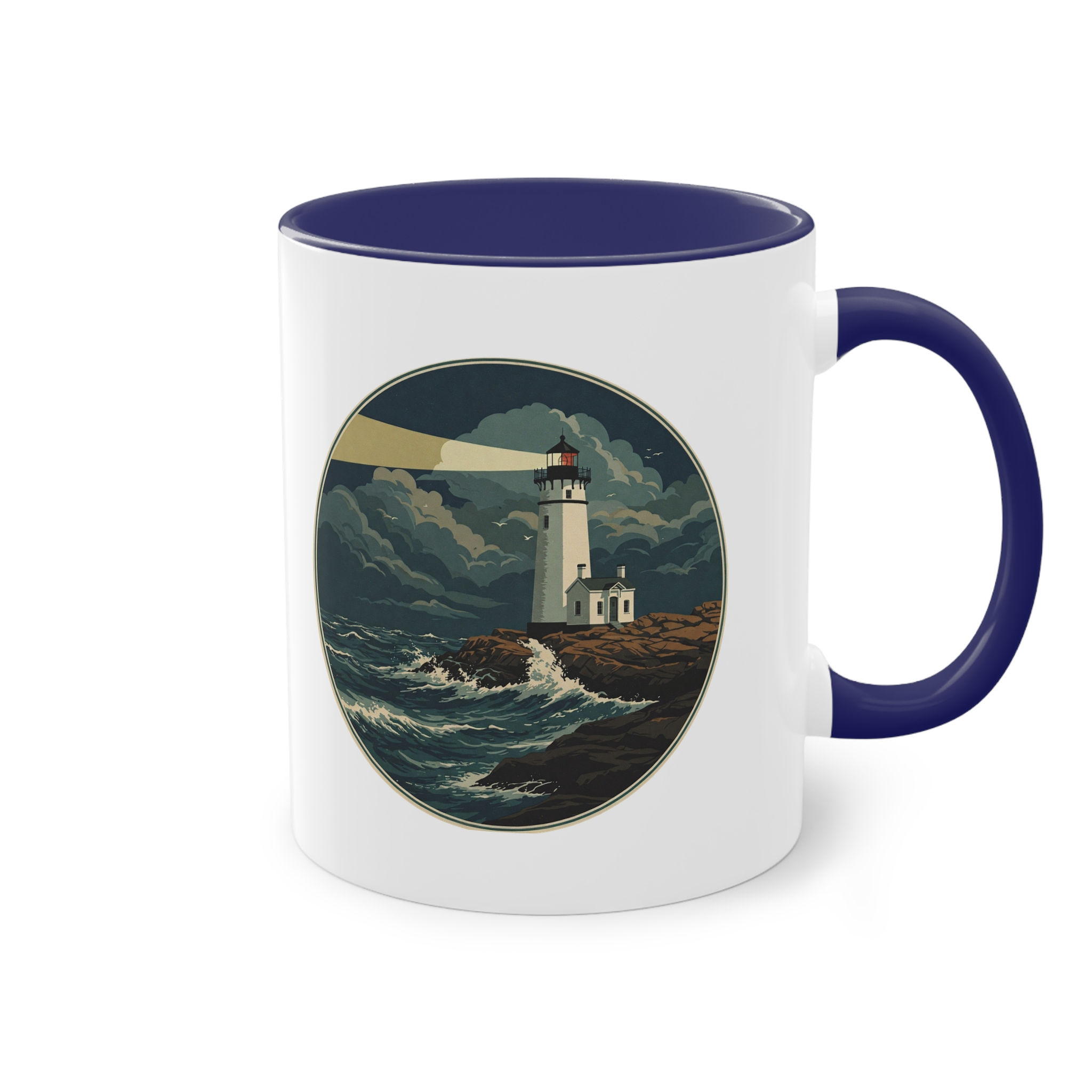 tasse bedruckt mit einem mLeuchtturm auf einer Klippe