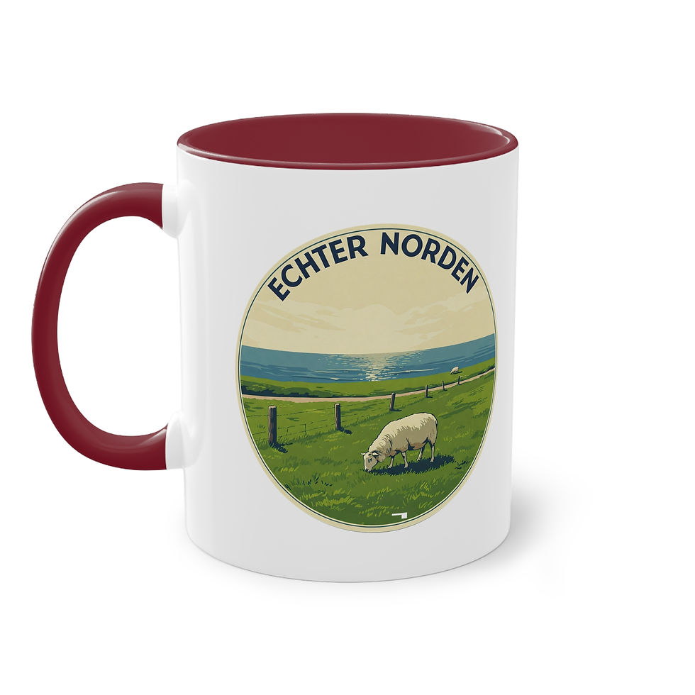 Miniaturbild: mit einem Nordsee-Deich und der Aufschrift "Echter Norden" bedruckte Tasse