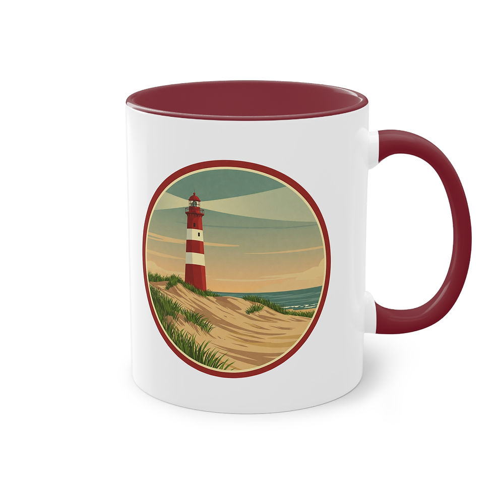 Miniaturbild: Mit einem rot-weißen Leuchtturm bedruckte Tasse