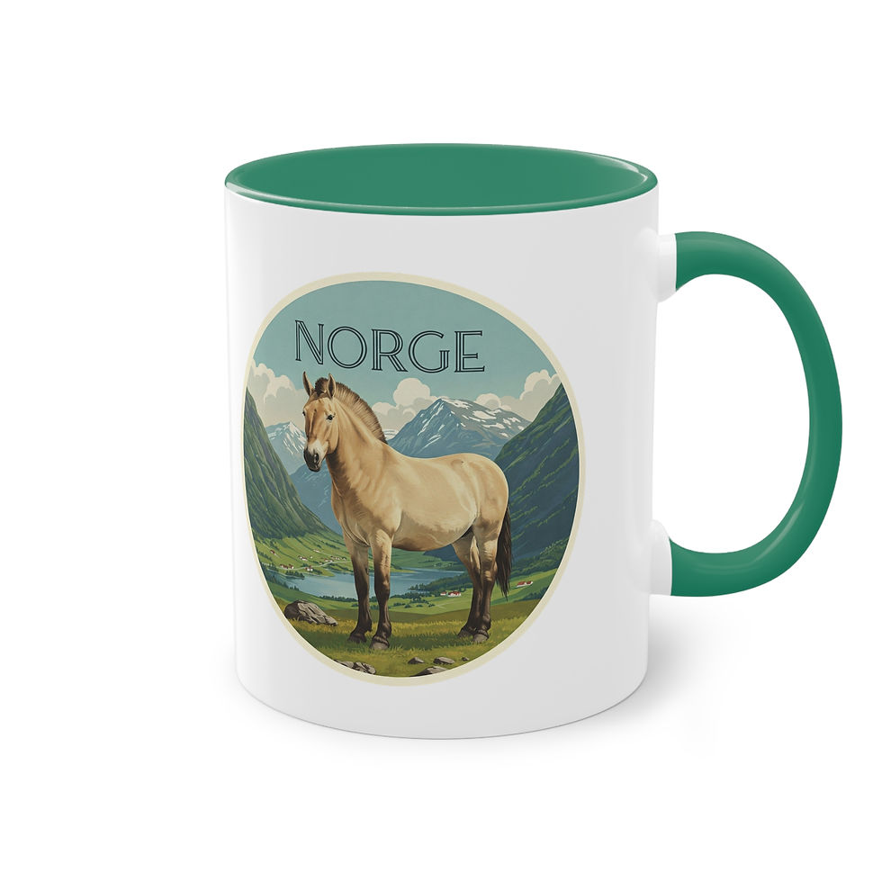 Miniaturbild: Mit einem Fjordpferd in einer Norwegischen Landschaft bedruckte Tasse als Souvenir an den Norwegen Urlaub und als Geschenk.