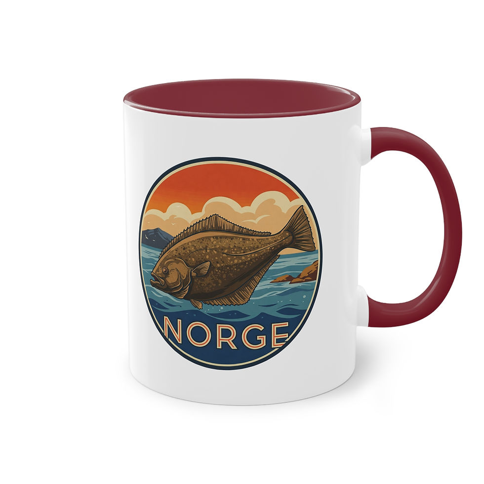 Miniaturbild: Mit einem Heilbutt und der Aufschrift Norge bedruckte Tasse.