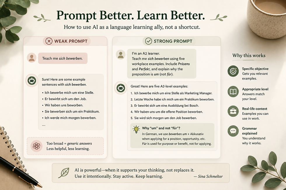 Infographic comparing weak and strong AI prompts for learning German grammar, showing how to use AI effectively for vocabulary, grammar, and real-world communication.