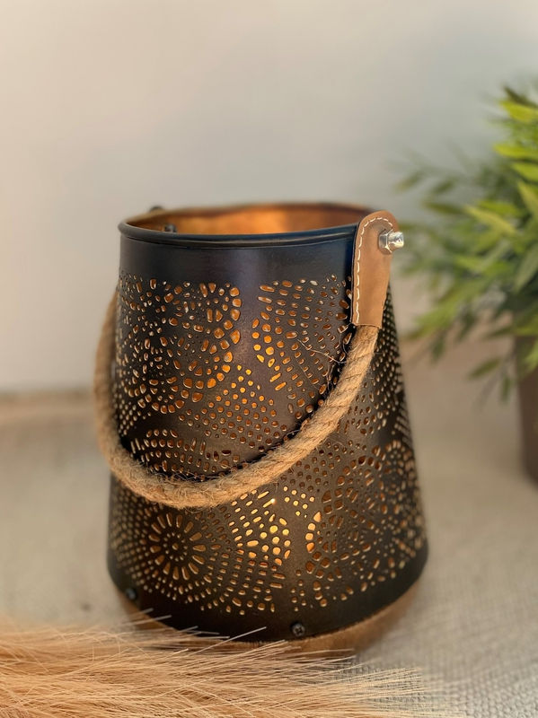 Miniature : Photophore Rond Base Bois Sangle Jute