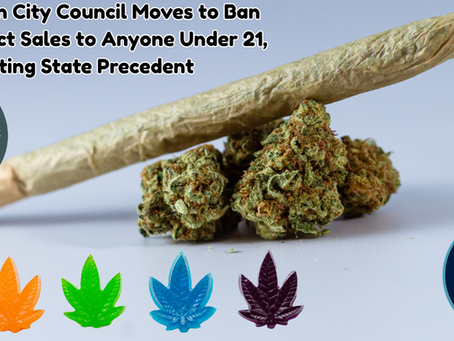 Cannabis buds and joint with Watertown, SD council ban text. Colorful leaf icons below. Logos on each side.