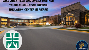 Lake Area Technical College at dusk. Text: Lake Area Tech and Avera partner for high-tech nursing center in Pierre. Logos in foreground.