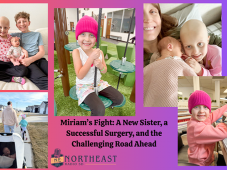 Child in pink hat smiles while playing, family on a couch and walk, positive vibes. Text: "Miriam’s Fight" with Northeast Radio logo.