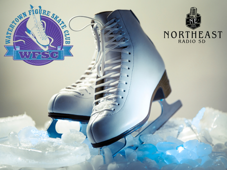 White figure skates on ice with WFSC and Northeast Radio SD logos on a pale background, crisp and polished.