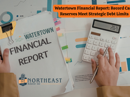 Hands hold a financial report and calculator with charts. Text: "Watertown Financial Report: Record Cash Reserves Meet Strategic Debt Limits."