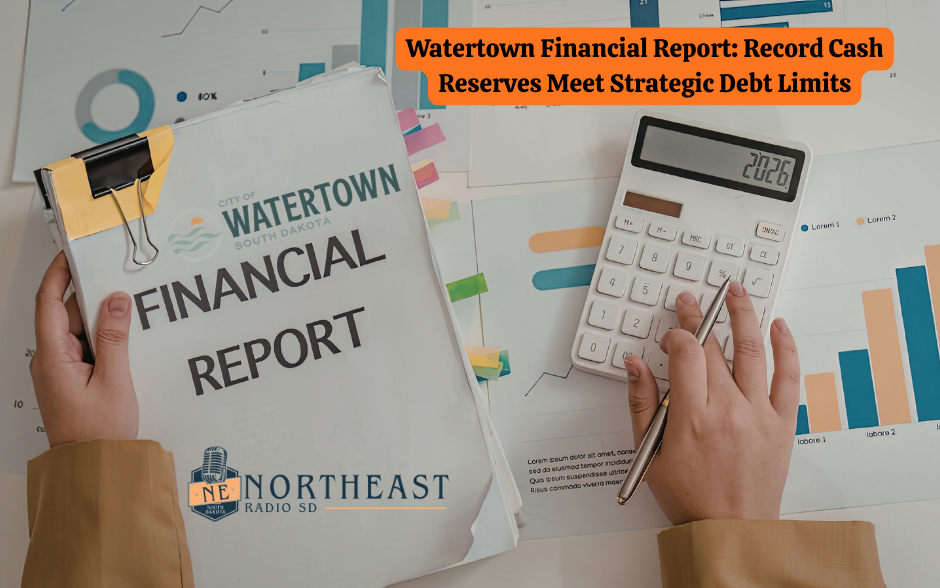Hands hold a financial report and calculator with charts. Text: "Watertown Financial Report: Record Cash Reserves Meet Strategic Debt Limits."