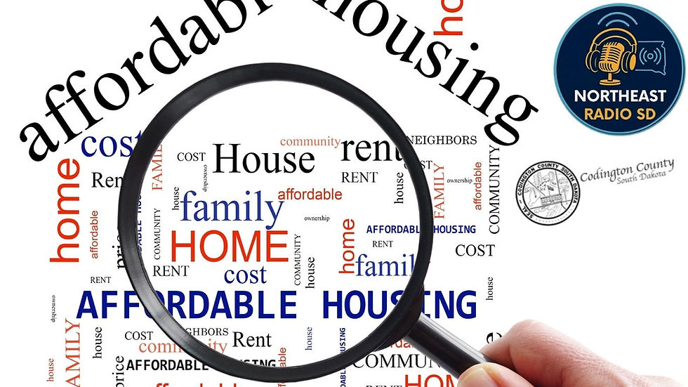 Magnifying glass over words like "affordable," "housing," "family," and "home." Includes logo with a microphone and text "Northeast Radio SD."