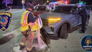 Firefighter pours absorbent near a car at night, with police officer talking to driver. Emergency vehicles and cones in background. Watertown Fire Rescue logo visible.