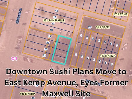 Map showing East Kemp Avenue with highlighted plots; text reads "Downtown Sushi Plans Move to East Kemp Avenue, Eyes Former Maxwell Site." Northeast Radio SD logo visible.