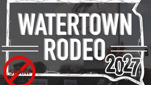 Dark rodeo poster with large WATERTOWN RODEO 2027 text and a red no-SPAM symbol.