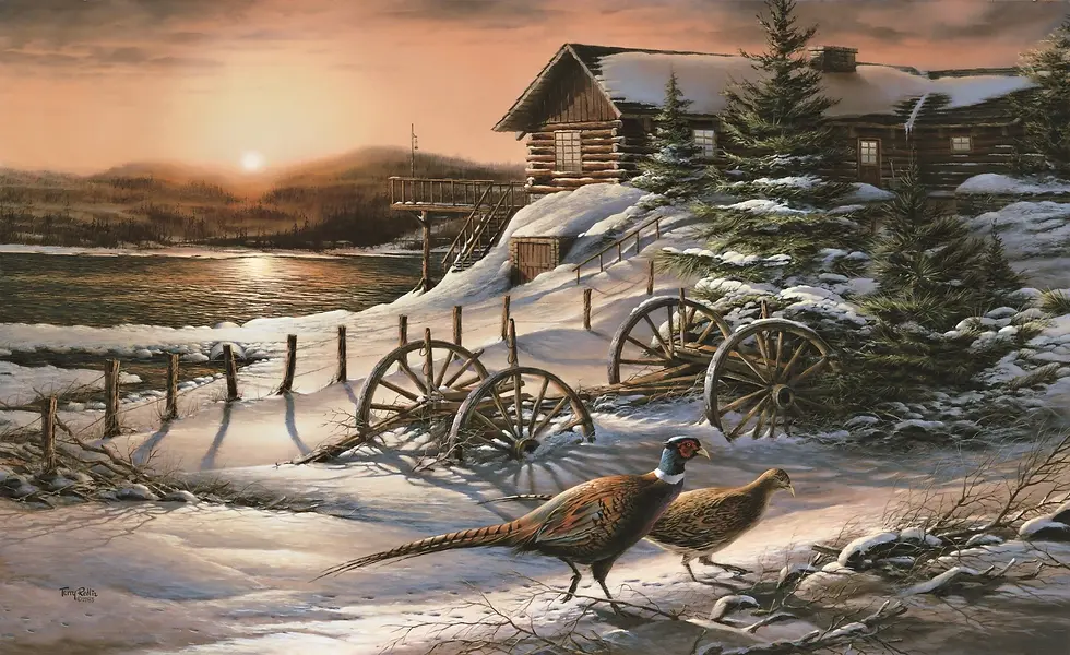 Pheasants on snowy path near a log cabin, pine trees, and wagon wheels at sunset by a frozen lake. Calm, warm hues enhance the scene.
