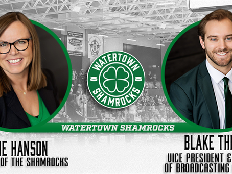Two smiling people in suits with text: Anne Hanson, President; Blake Theisen, Vice President & Director of Broadcasting and Media. Watertown Shamrocks logo.
