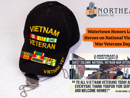 Black "Vietnam Veteran" hat with ribbons and dog tags on table. Text: Watertown honors local heroes on National Vietnam War Veterans Day.