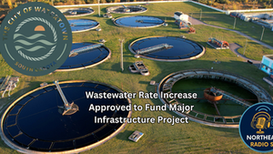 Aerial view of wastewater treatment plant with text: "Wastewater Rate Increase Approved to Fund Major Infrastructure Project."