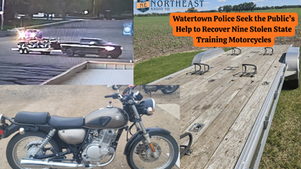 Collage of a tow truck, a Suzuki motorcycle, and an empty trailer with headline: Watertown police seek help recovering stolen motorcycles