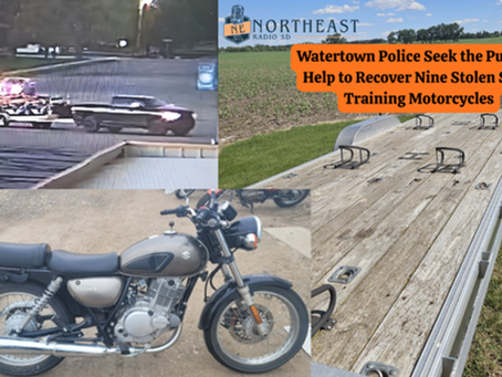 Collage of a tow truck, a Suzuki motorcycle, and an empty trailer with headline: Watertown police seek help recovering stolen motorcycles