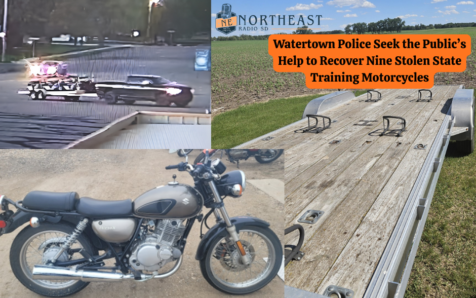 Collage of a tow truck, a Suzuki motorcycle, and an empty trailer with headline: Watertown police seek help recovering stolen motorcycles